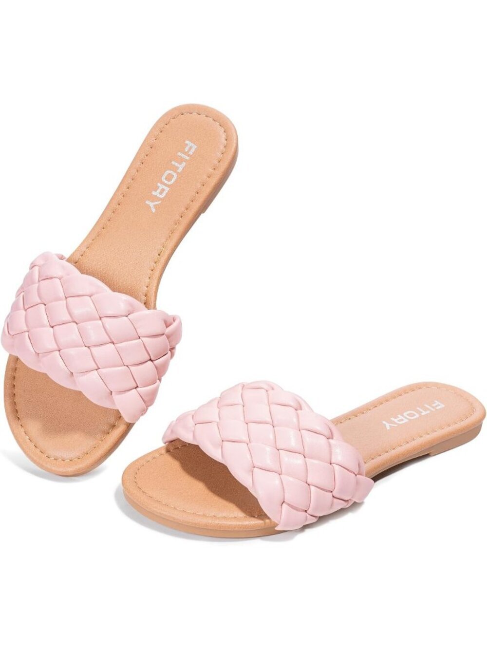 Women's Light Pink Summer Round Open Toe Braided Strap Cute Slip On Flat Sandals